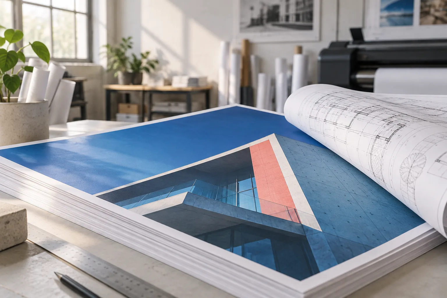 Composición conceptual de impresiones de gran formato y un plano arquitectónico
